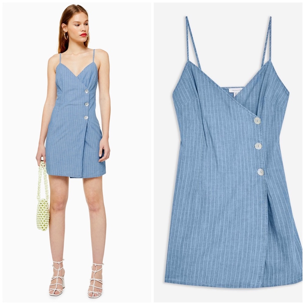 TOPSHOP Chambray Denim Stripe Opal Wrap Tank Dress